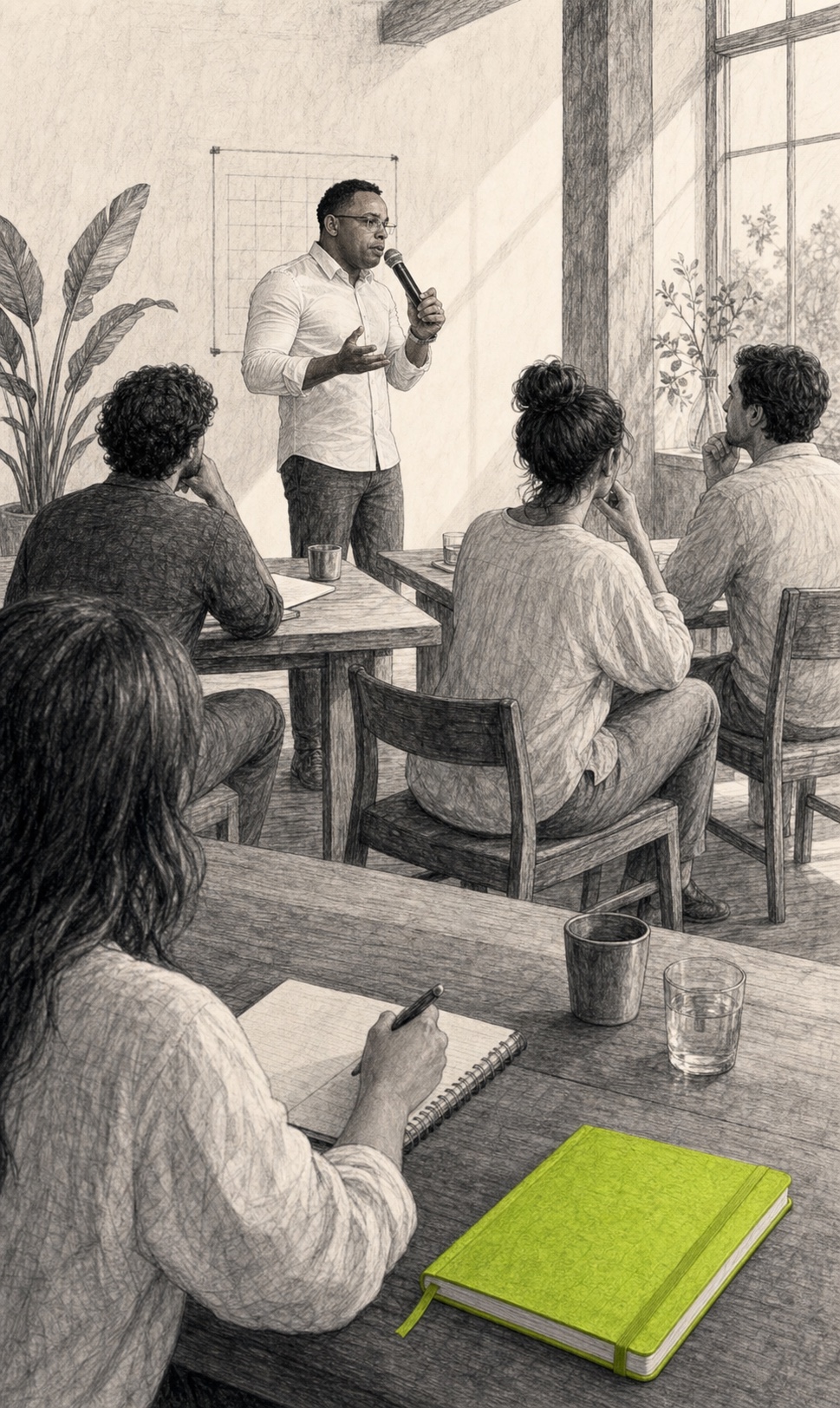 Isac Monteiro conduzindo uma turma em uma sala de imersão, em ilustração editorial