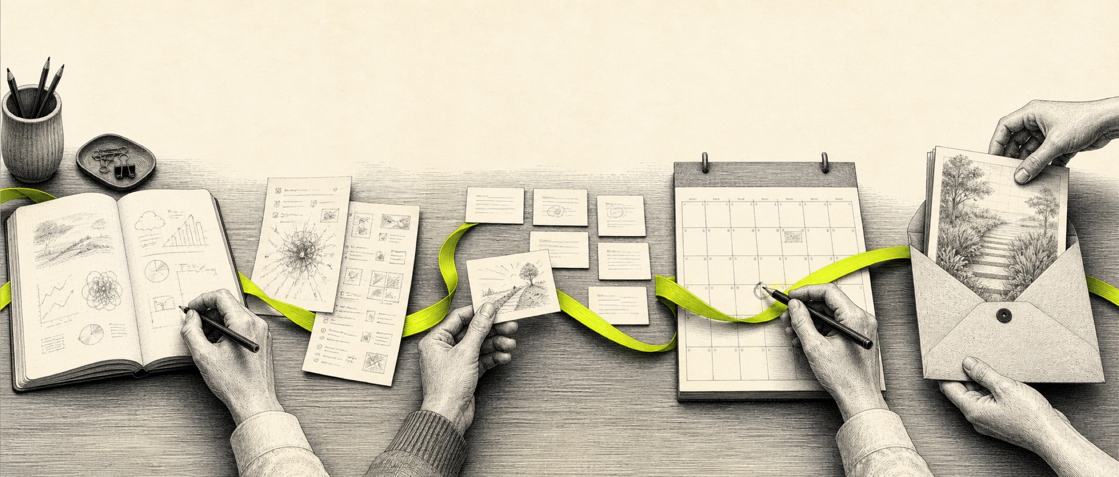 Mesa de trabalho com caderno, calendário, cartões e uma fita verde conectando o percurso